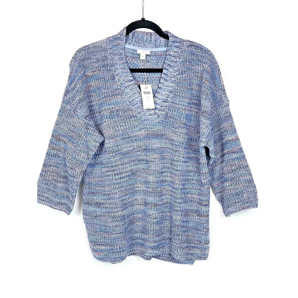 J. Jill V-Neck 3/4 Sleeve Knit Sweater Soft Cotton Blue Purple NWT Women's S A2